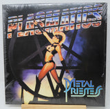 Vinyl record cover with a woman in a bikini and text 'Metal Priests' on a black background