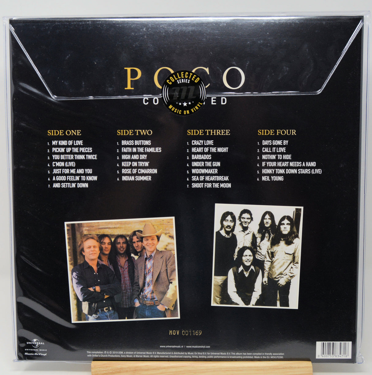Back cover of a Poco Covered 41st Anniversary vinyl record LP in shrink wrap, showing track listings for four sides and two band photos on a black background.