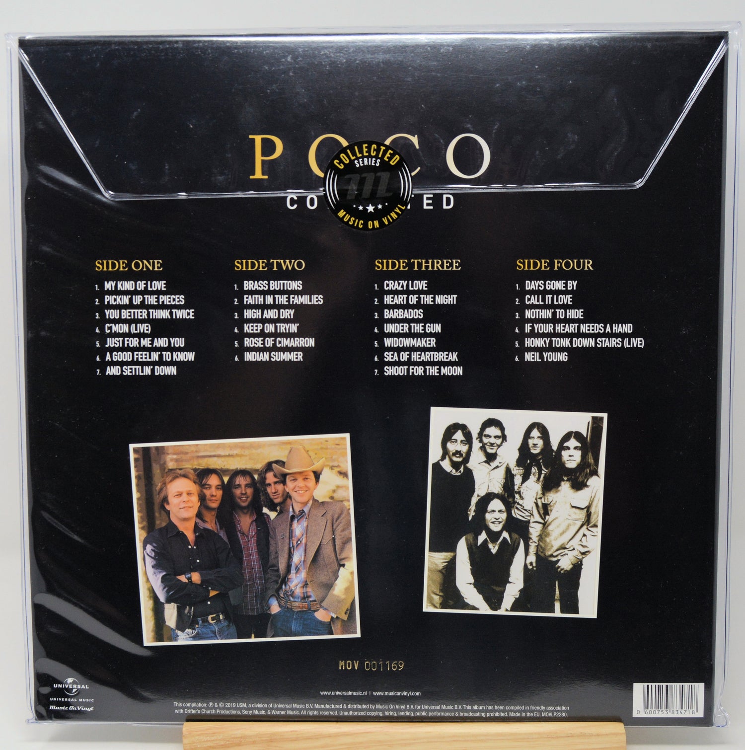 Back cover of a Poco Covered 41st Anniversary vinyl record LP in shrink wrap, showing track listings for four sides and two band photos on a black background.