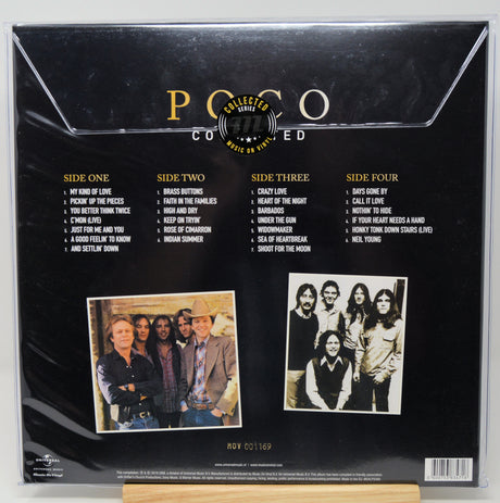 Back cover of a Poco Covered 41st Anniversary vinyl record LP in shrink wrap, showing track listings for four sides and two band photos on a black background.