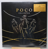 Poco Collected vinyl record album cover on a black background with gold line art of three horses and a gold sticker in the top right corner.