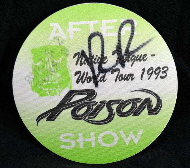 A circular green and white Poison Show 1993 backstage pass, featuring the text 'After Native Tongue - World Tour 1993' and 'Poison SHOW' in stylized lettering, with a black autograph across the center, set against a black background.