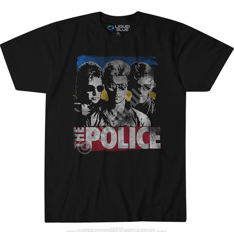 Black t-shirt with 'The Police' band graphic on a white background