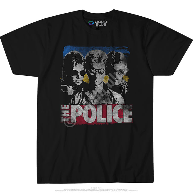 Black t-shirt with 'The Police' band graphic on a white background