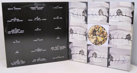 Post Malone The Diamond Collection vinyl gatefold open, tracklist visible with diamond tooth artwork