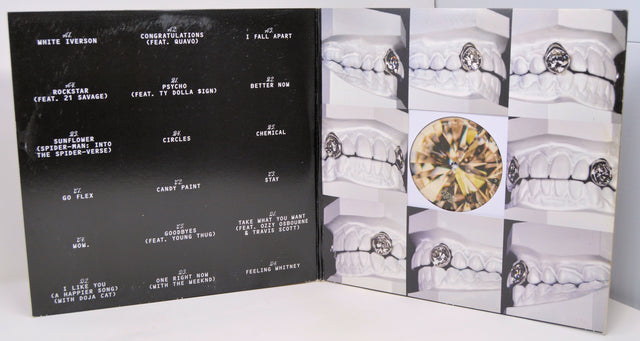 Post Malone The Diamond Collection vinyl gatefold open, tracklist visible with diamond tooth artwork