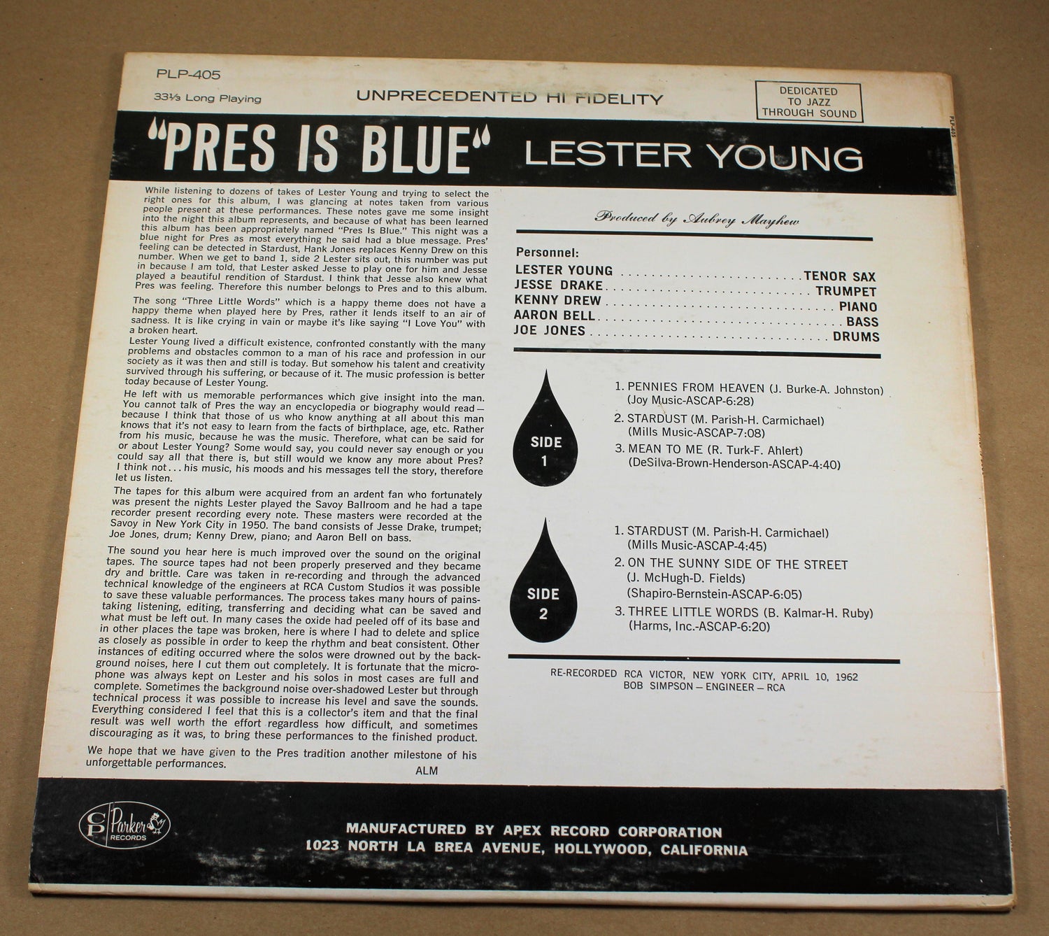 Back cover of 'Pres Is Blue' Lester Young LP showing liner notes and track info