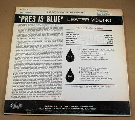 Back cover of 'Pres Is Blue' Lester Young LP showing liner notes and track info
