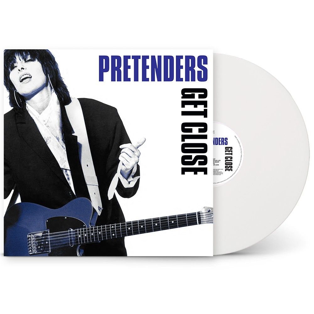 Pretenders 'Get Close' vinyl record with a black-and-white album cover featuring a woman playing guitar and a translucent white record partially visible behind the sleeve.