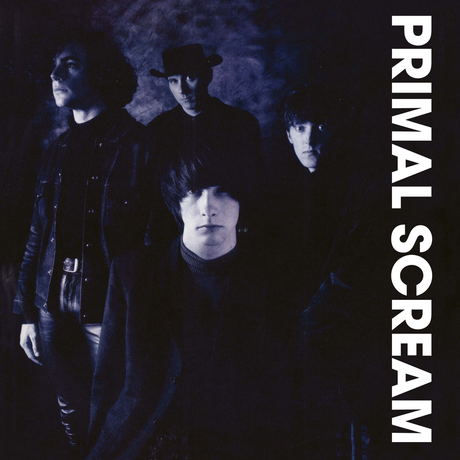 Black and white album cover of Primal Scream with band members and text.