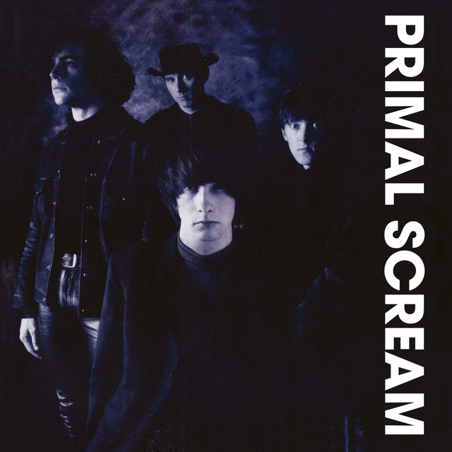 Black and white album cover of Primal Scream with band members and text.