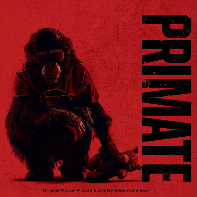 Silhouette of a chimpanzee holding a teddy bear on a red background with 'PRIMATE' text.