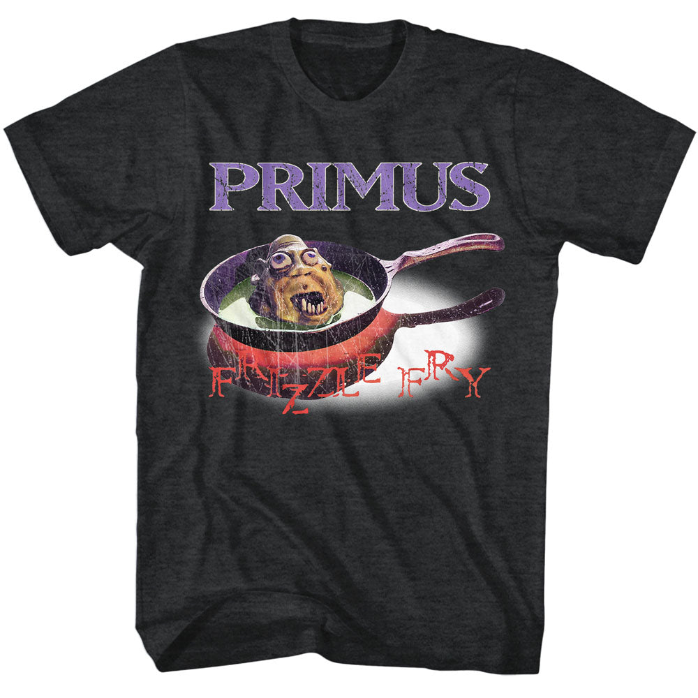Black Primus t-shirt featuring Frizzle Fry album artwork with a cartoon head in a frying pan