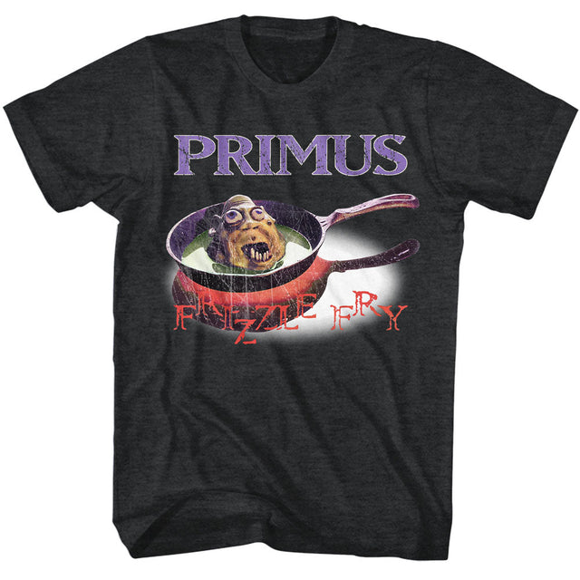 Black Primus t-shirt featuring Frizzle Fry album artwork with a cartoon head in a frying pan
