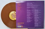 Brown vinyl record with purple label on a white background