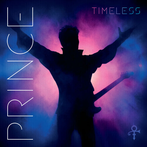 Vinyl record with 'Prince Timeless' cover featuring a silhouette of a person with arms outstretched against a purple and blue gradient.