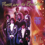 Close-up of Prince and the Revolution Live album cover artwork with band members in ornate attire