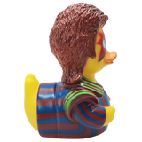 Profile view of Ziggy Starduck duck with detailed red hair and green-striped collar