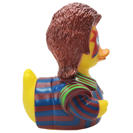 Profile view of Ziggy Starduck duck with detailed red hair and green-striped collar