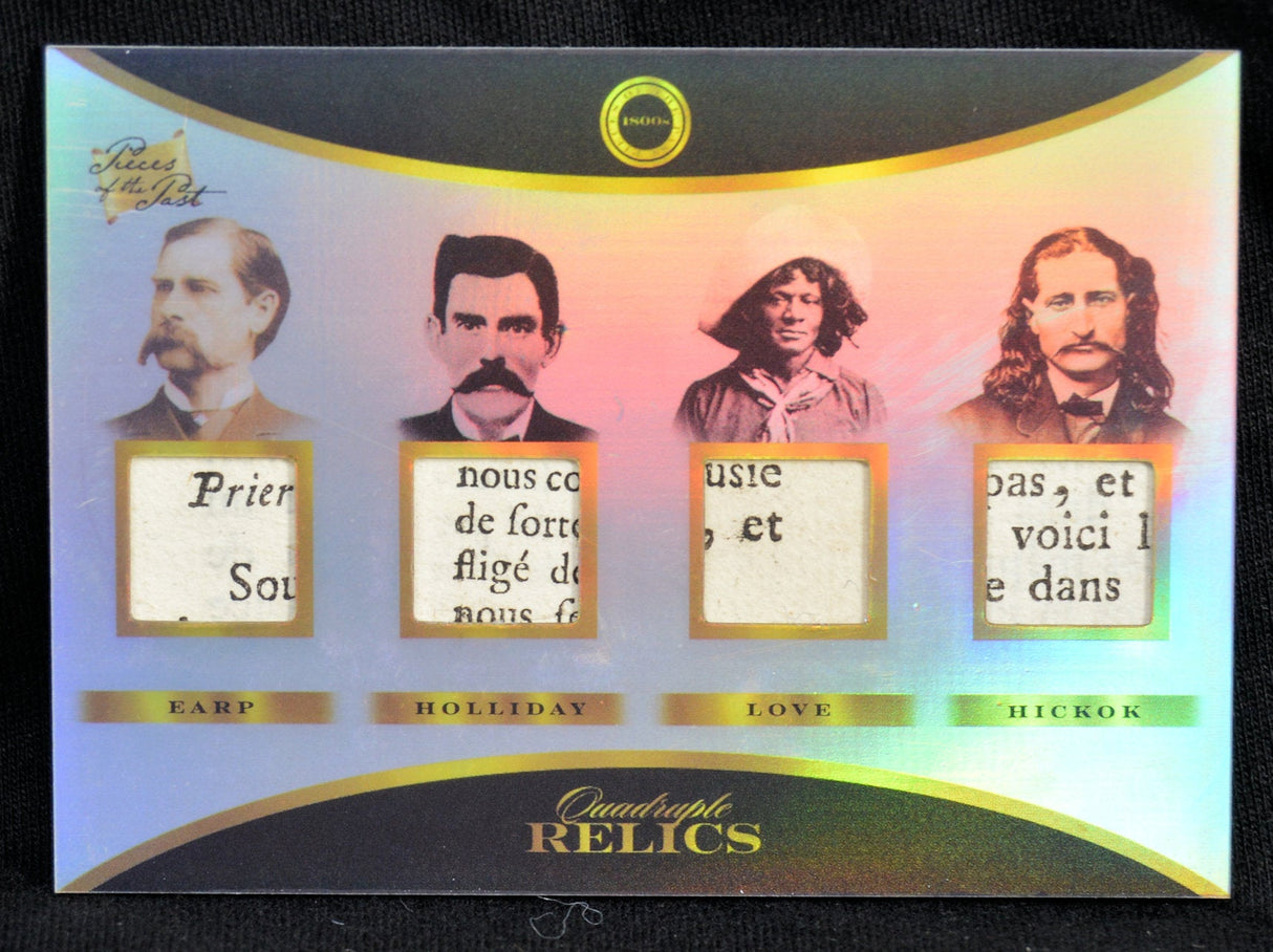 Quadruple relic collectible card featuring Wyatt Earp, Doc Holliday, Nat Love, and Wild Bill Hickok with historical relic pieces