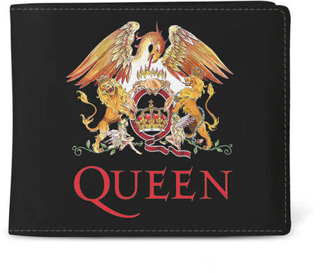 Black wallet featuring the iconic Queen band crest and logo in vivid colors