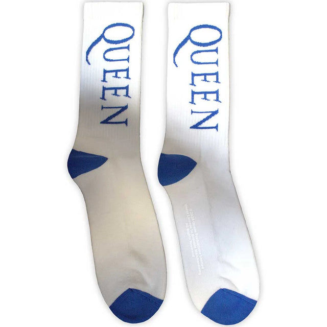 White socks with blue accents and 'QUEEN' text on a white background