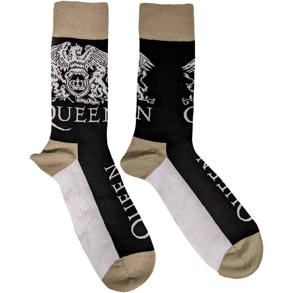 Black socks with beige accents and 'Queen' logo on a white background