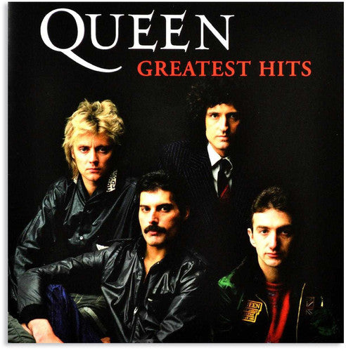 Album cover for Queen - Greatest Hits featuring a black and white photo of the band members.