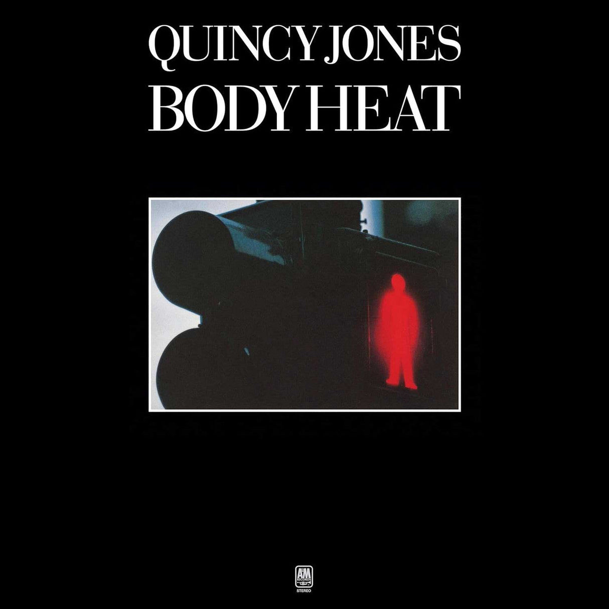 Close-up of Quincy Jones Body Heat album cover with red silhouette on black background