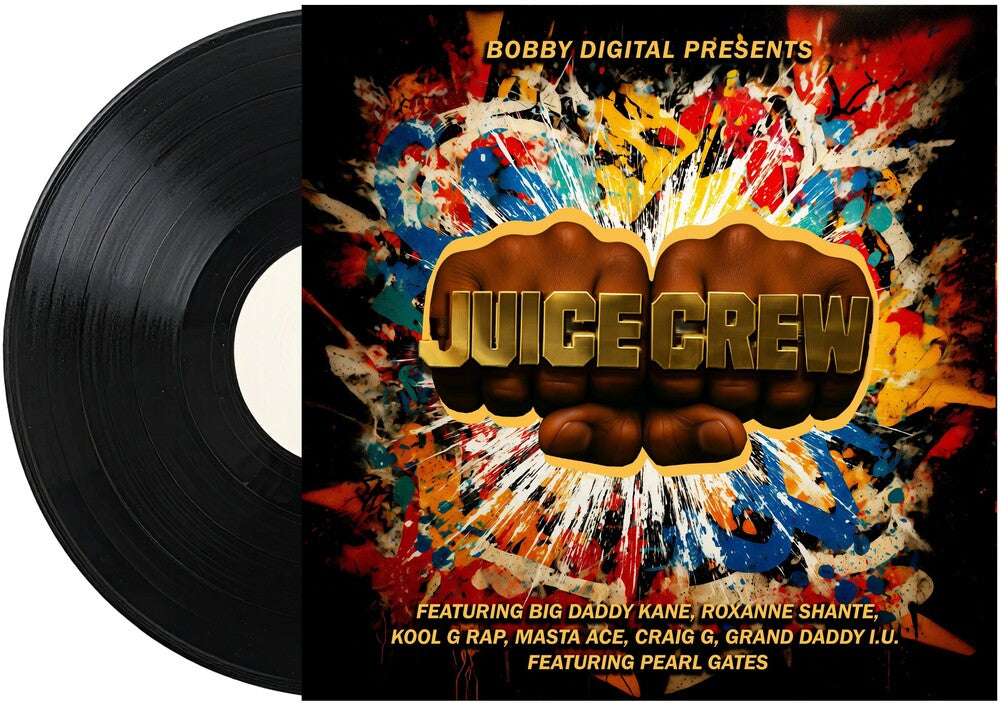 Vinyl record with colorful 'Juice Crew' album cover featuring a stylized fist design.