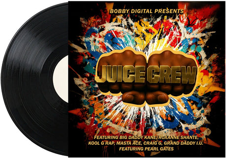 Vinyl record with colorful 'Juice Crew' album cover featuring a stylized fist design.