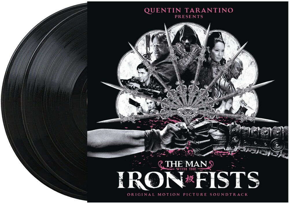Vinyl records with a cover featuring Quentin Tarantino's 'The Man with the Iron Fists' soundtrack.