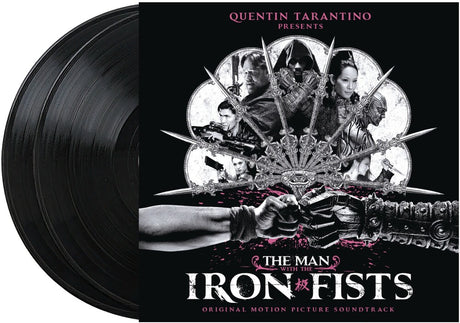 Vinyl records with a cover featuring Quentin Tarantino's 'The Man with the Iron Fists' soundtrack.
