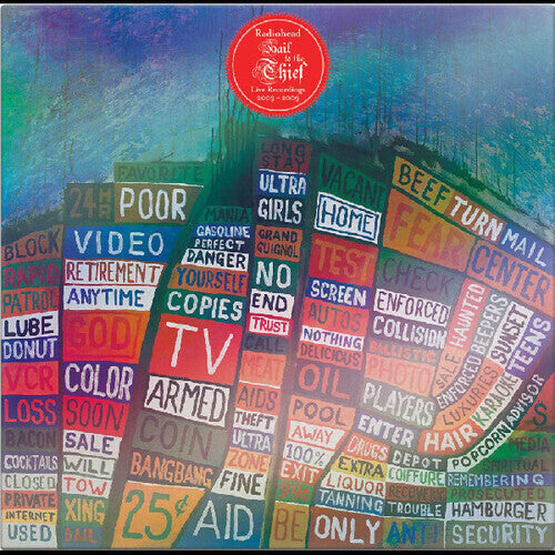 Close-up of Radiohead Hail to the Thief album cover art featuring abstract text blocks