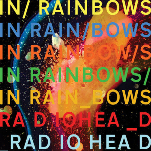Album cover for Radiohead's In Rainbows featuring a colorful, abstract design with the album title repeated across the image.