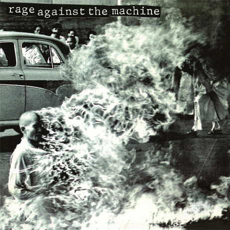 Album cover with 'Rage Against the Machine' text and people around a car with water splashing.