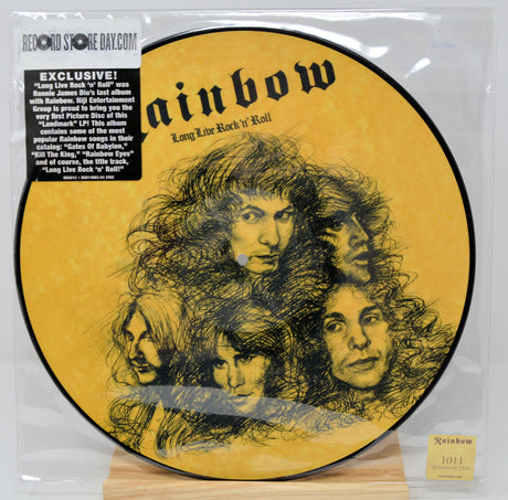 Rainbow Long Live Rock 'n' Roll picture disc with illustrated band portrait on yellow background