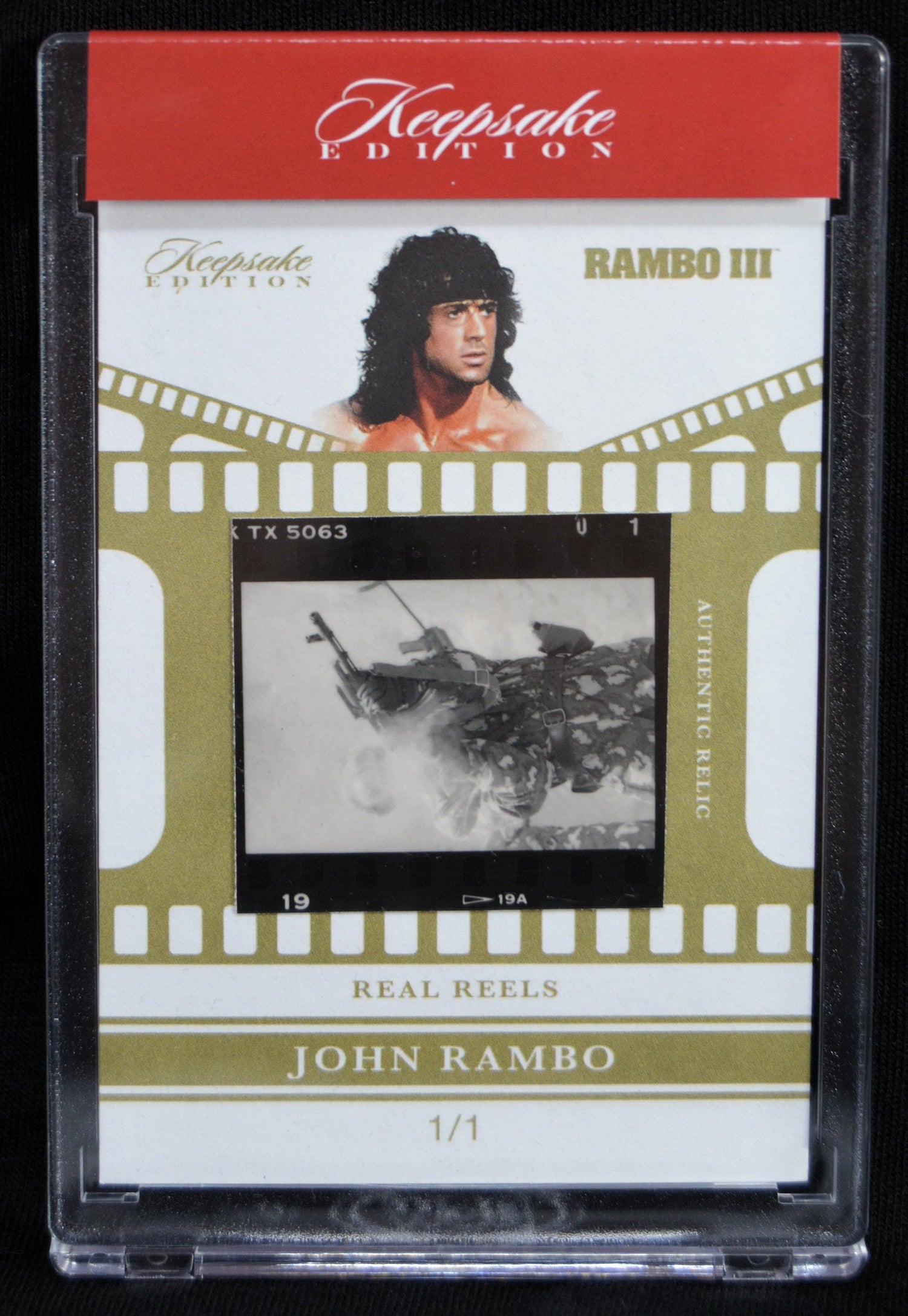 Rambo III film reel keepsake card featuring John Rambo and authentic movie film strip
