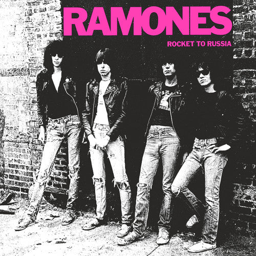 A black and white photo of the Ramones band members with the album title 'Rocket To Russia' written above.