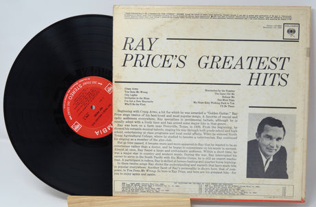 Back cover of Ray Price's Greatest Hits vinyl record with song list and black-and-white photo