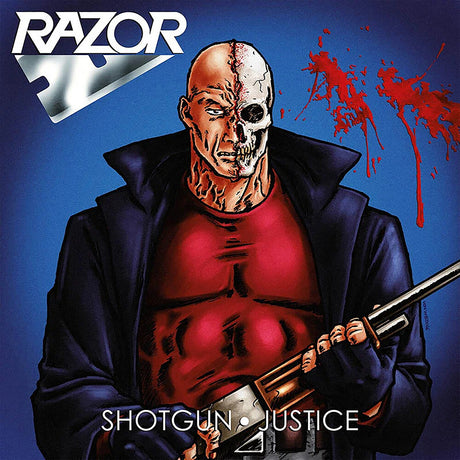 Album cover with a character holding a shotgun, blood, and the title 'Shotgun Justice' on a blue background.