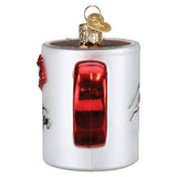 Back view of the Swiftea mug ornament featuring a shiny red handle