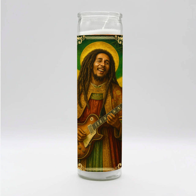 Prayer candle with an illustrated reggae musician holding a guitar, adorned in ornate robes and radiating positive vibes.