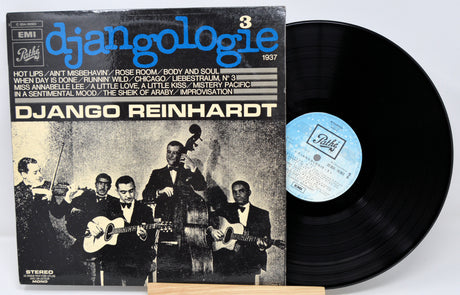 Vinyl record with cover featuring Django Reinhardt and EMI branding on a white background