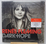 Renée Fleming's 'Dark Hope' vinyl record album cover, sealed in plastic shrink wrap with a small Play3313 sticker on the front. The cover features a black and white portrait of the artist, bold red and gray text, and a white information label.