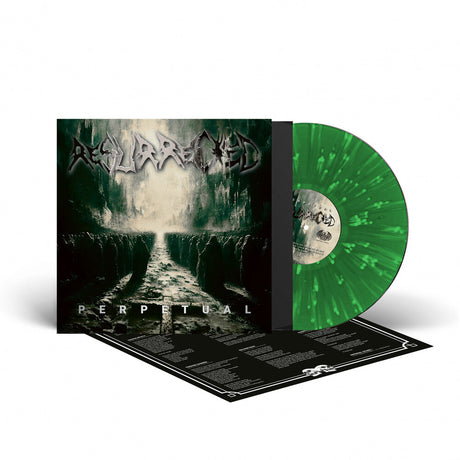Vinyl record with green disc and black cover featuring album artwork and text.
