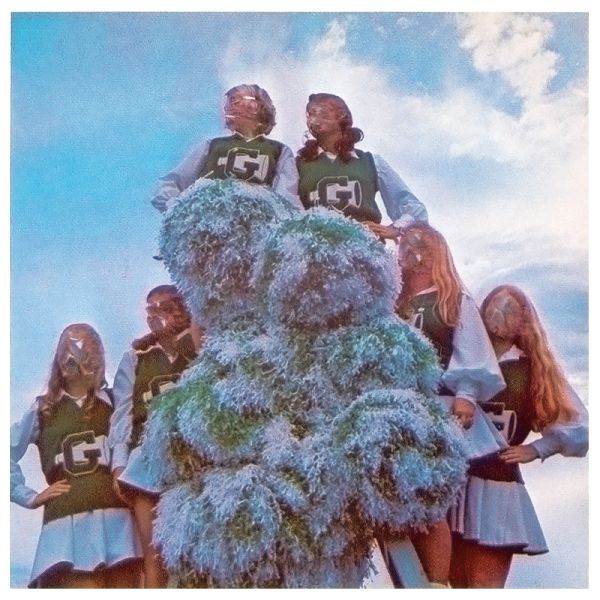 Cheerleader-themed album cover with six girls in green and white uniforms under a blue sky