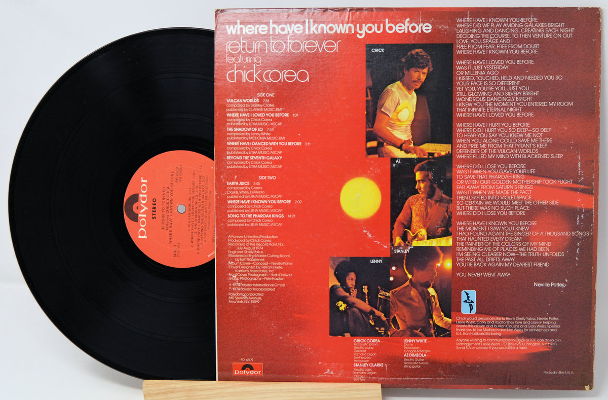 Chick Corea's 'Where Have I Known You Before' double vinyl LP set, showing the black record partially pulled from the back cover, which features a red-orange background with album artwork and track listings.