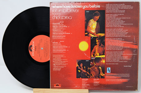 Chick Corea's 'Where Have I Known You Before' double vinyl LP set, showing the black record partially pulled from the back cover, which features a red-orange background with album artwork and track listings.