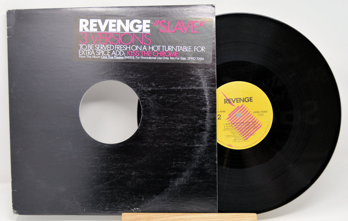 Front of Revenge 'Slave' 12 inch promo vinyl showing cover text about 3 versions